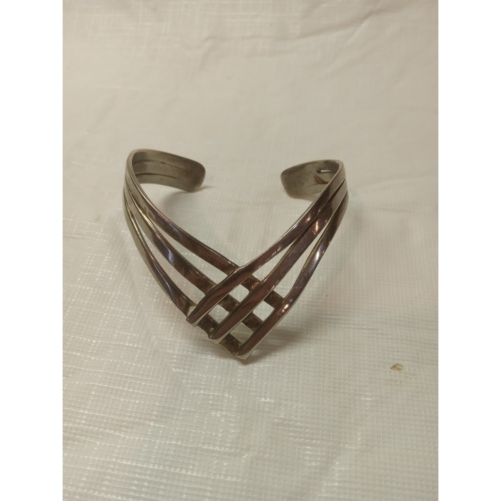 Vintage Silver Tone Chevron Lattice Cuff Bracelet Multi Strand V Shape Modernist